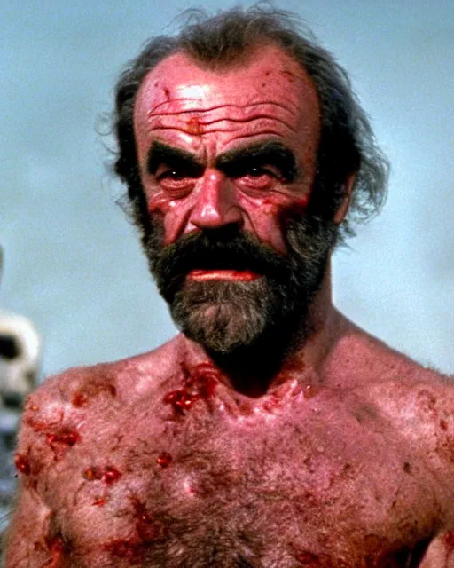 Prompt: an extremely detailed crispy clean 8 k photo close up ultra detailed of zardoz sean connery as a zombie he has all glossy red eyes