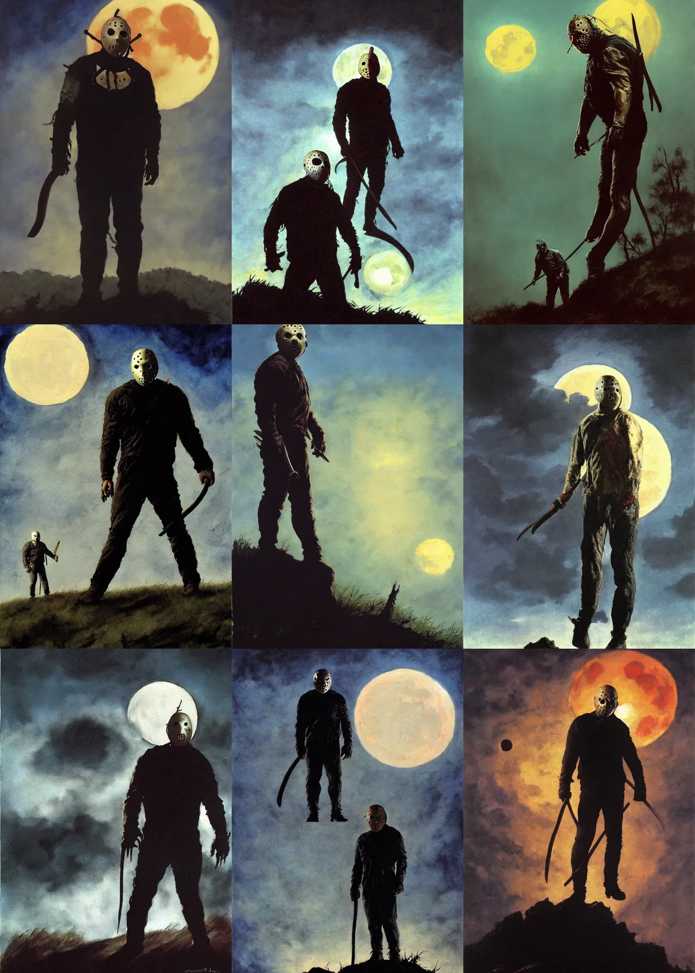 Image similar to close portrait, jason voorhees standing on a hill, powerful pose, scary, horror, giant moon, dramatic sky, shadows on side, cinematic, side light, backlighting, oil painting by frazetta