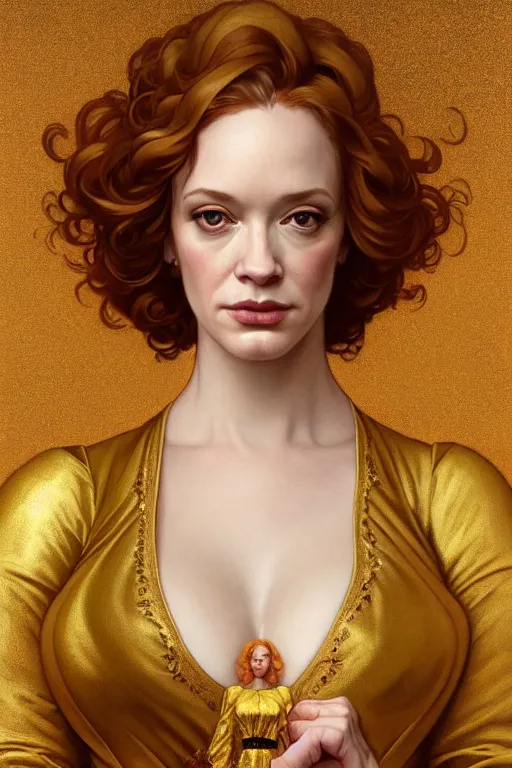 Image similar to symmetrical!! looking at the camera! a portrait of an angel christina hendricks wearing a golden dress, upper body, concept art, deep focus, sky, heaven, clouds, intricate, highly detailed, digital painting, artstation, matte, sharp focus, illustration, art by greg rutkowski and alphonse mucha