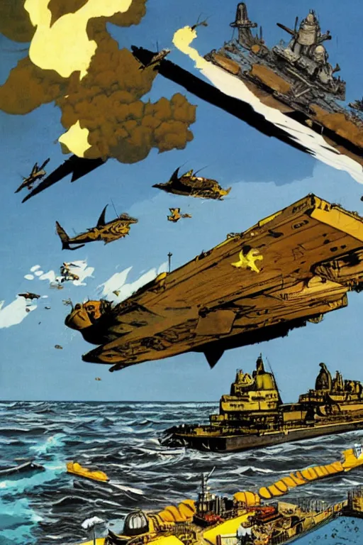 Image similar to full page illustration of tintin tearing apart an aircraft carrier, by herge, alex ross, phil hale,