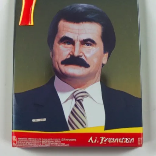 Prompt: Lech Wałęsa action figurine in unopened packaging, mint, sealed since 1989