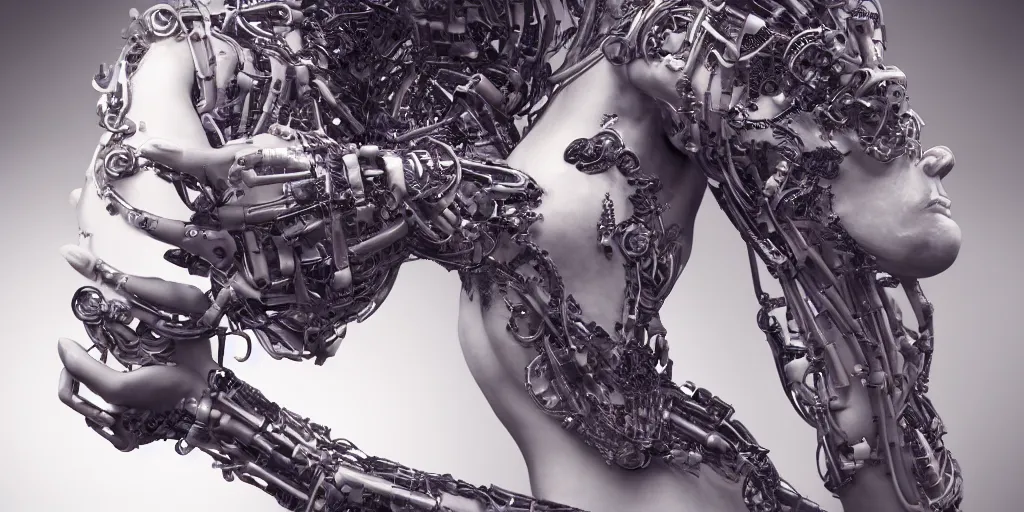 Image similar to hyperrealistic photography of a stunningly beautiful cyborg female, mechanical elbow, plated arm, intimate, holding hands, in the style of beth cavener, jin kagetsu,, and wlop, highly detailed, intricate, face symmetry, masterpiece, award - winning, sharp focus, concept art, high key, ambient lighting, 8 k, octane render, artstation
