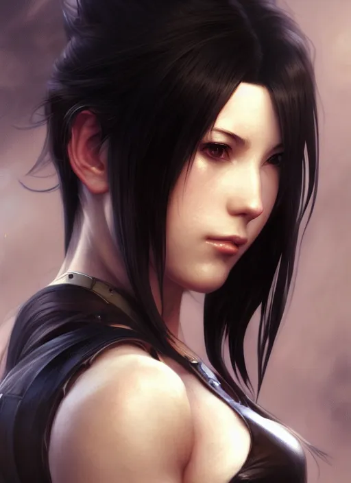 Image similar to portrait of tifa lockhart, final fantasy, cinematic lighting, intricate, elegant, highly detailed, digital painting, artstation, smooth, sharp focus, illustration, art by yoshitaka amano, artgerm and greg rutkowski and alphonse mucha and william - adolphe bouguereau