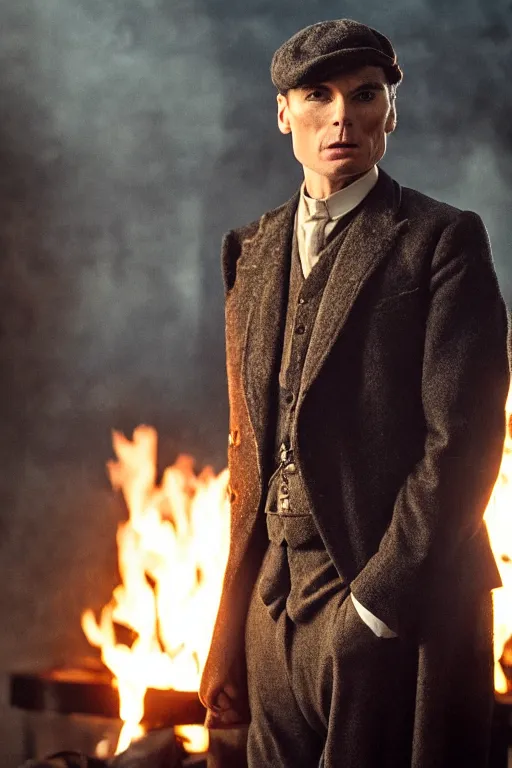 Prompt: Full-body portrait of Cillian Murphy in Peaky Blinders standing, fire in the background, dramatic, gloomy, dark, bleak, cheerless, desolate, impressive, tragic, cinematic, dull colours, dark colour scheme, atmospheric, high quality, realistic