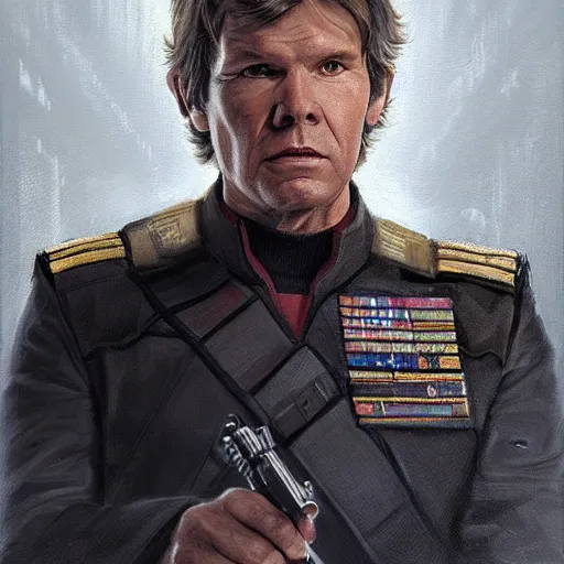 Image similar to portrait of a Man by Greg Rutkowski, Han Solo as an Admiral of the Galactic Alliance, he is about 70 years old, wearing military navy uniform of the Galactic Alliance, Star Wars Expanded Universe, highly detailed portrait, digital painting, artstation, concept art, smooth, sharp foccus ilustration, Artstation HQ