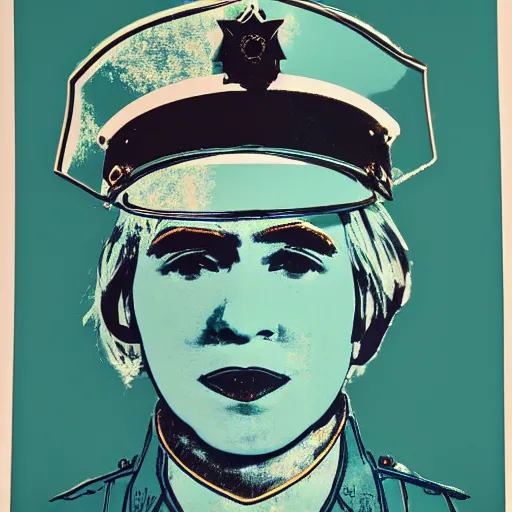 Image similar to screenprint solarized portrait of a cop in riot gear by andy warhol