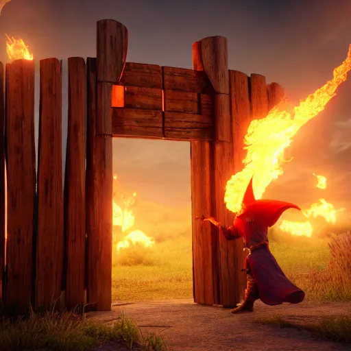 Prompt: A wizard launching a fireball at a giant wooden gate, 4k, highly detailed, octane render