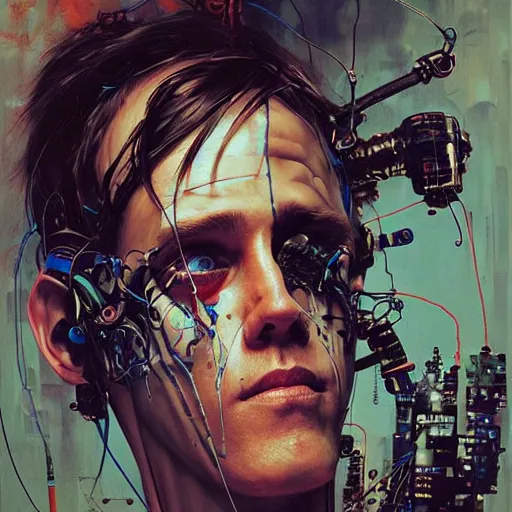 Prompt: zach greinke as a cyberpunk hacker, wires cybernetic implants, in the style of adrian ghenie, esao andrews, jenny saville, surrealism, dark art by james jean, takato yamamoto