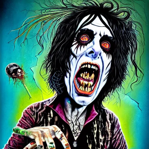 Image similar to graphic illustration, creative design, alice cooper as a witch, biopunk, francis bacon, highly detailed, hunter s thompson, concept art