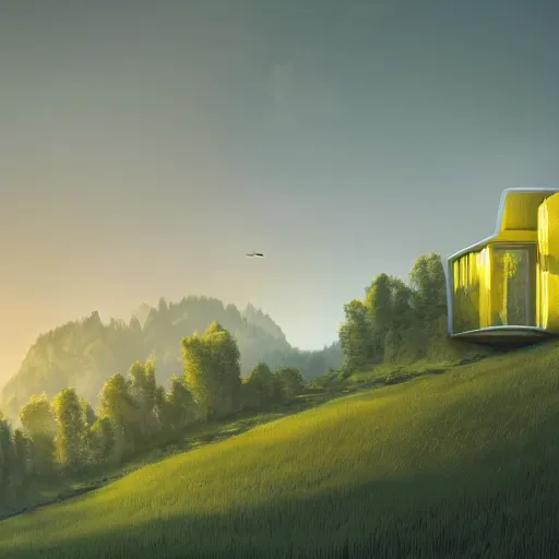 Image similar to futuristic yellow house between hills with big trees, monks walking, multiple moons, dramatic lighting, artstation, matte painting, raphael lacoste, simon stalenhag, frank lloyd wright, zaha hadid