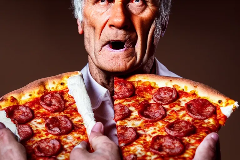 Image similar to Gaius Julius Caesar eating a slice of pizza from Little Caesars, cinematic, soft lighting, highly detailed, 8k