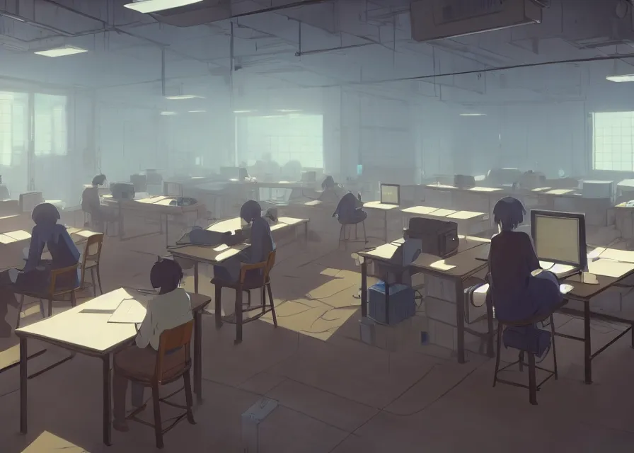 Prompt: an interior room with old pc computers stacked on the walls and people sitting at desks, makoto shinkai, dusty