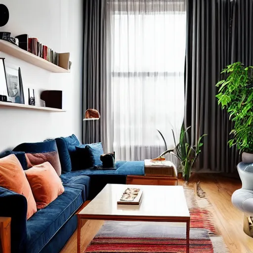 Prompt: atmospheric, reflections, award winning contemporary modern interior design city apartment, living room, cozy and calm, fabrics and textiles, colorful accents, brass and copper, many light sources, lamps, oiled hardwood floors, book shelves, couch, desk, plants