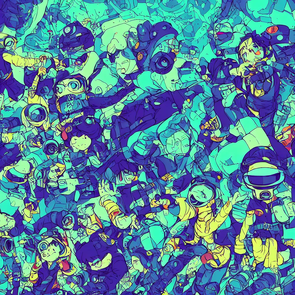 Image similar to indigo toads, ryuta ueda artwork, breakcore, jet set radio artwork, y 2 k, gloom, space, cel - shaded art style, broken rainbow, data, minimal, speakers, code, cybernetic, dark, eerie, cyber