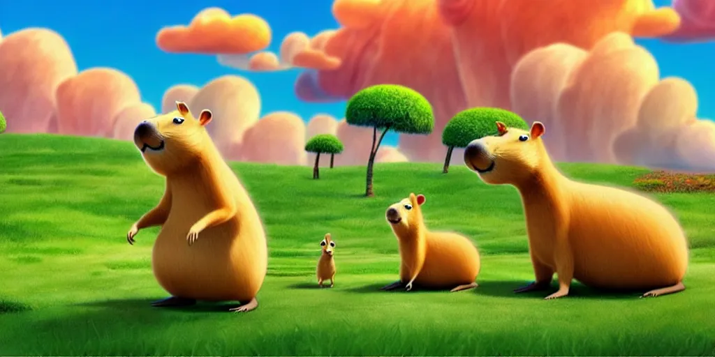 Image similar to cartoon concept art, capybara character, spiral clouds, from lorax movie