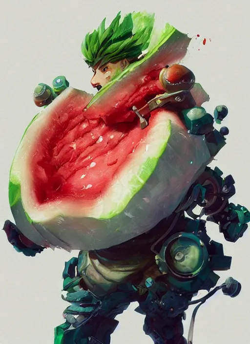 Image similar to semi reallistic gouache gesture painting, by yoshitaka amano, by ruan jia, by conrad roset, by dofus online artists, detailed anime 3 d render of a watermelon living inside a person's chest, portrait, cgsociety, artstation, rococo mechanical, digital reality, sf 5 ink style, dieselpunk atmosphere, gesture drawn