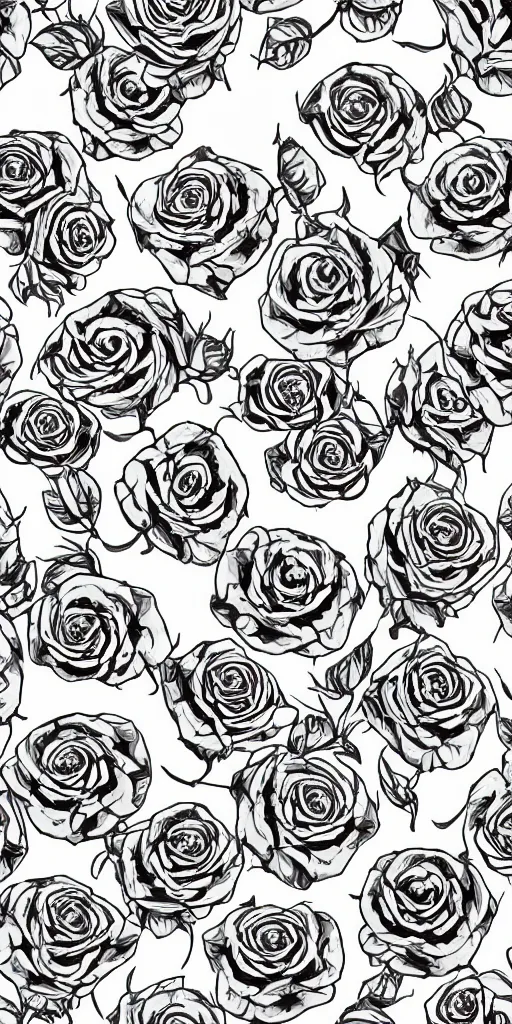 Image similar to seamless pattern of beautiful roses with leaves and throns, tattoo style, symmetrical, repeating 35mm photography