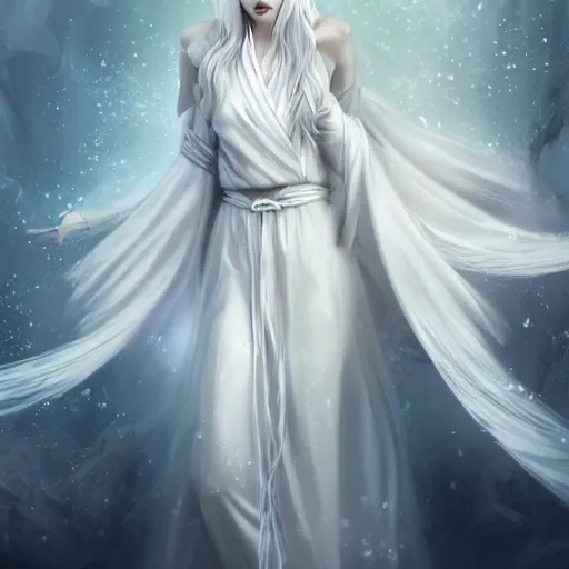 Image similar to white haired lady, white daoist robes, beautiful, ethereal, digital painting, highly detailed, full body, by Charlie bowater