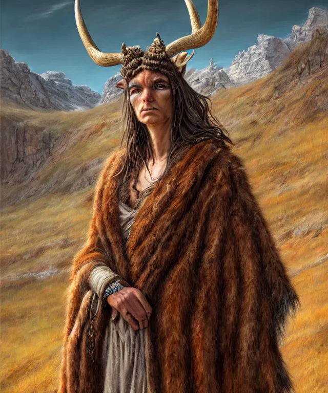 Image similar to a detailed horned antelopewoman stands among the mountains. wearing a ripped mantle, robe. perfect faces, extremely high details, realistic, fantasy art, solo, masterpiece, art by daniel e. greene, johannen voss, zoey frank, greg broadmore