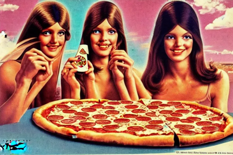 Image similar to 70s, angels, pizza, advertisement