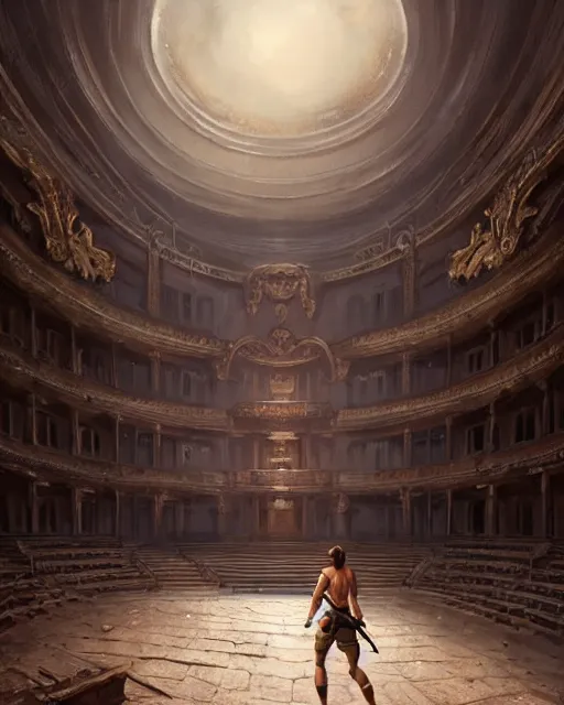 Prompt: lara croft exploring an italian opera house with numerous musclebound male goons patrolling the area, by wlop, greg rutkowski and peter mohrbacher, extremely detailed shading, concept art, digital painting, trending on artstation, unreal engine 5, octane render, atmosphere, lens flare, glow, cinematic lighting, full of color