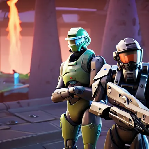 Image similar to Master Chief and Robocop share a pizza, candlelit date, a screenshot from Fortnite