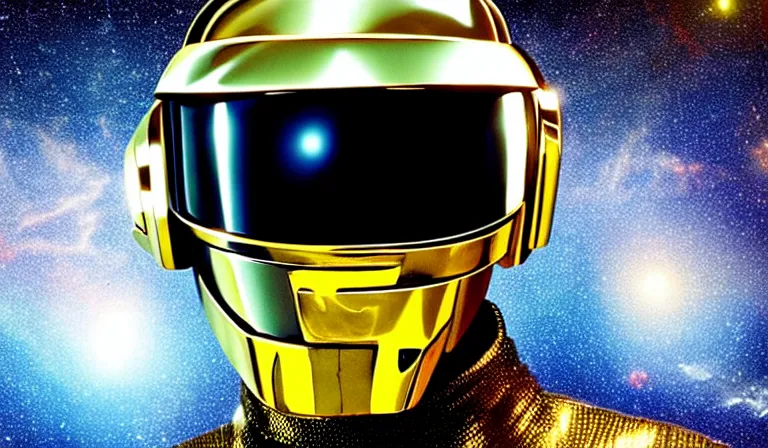 Prompt: guy manuel from daft punk with space background, close shot, 8k, cinematic, epic, ultra detailed, award winning, trending on artstationHD, dramatic