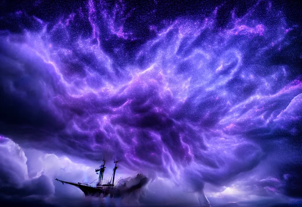 Image similar to purple color lighting storm with stormy sea close up of a pirate ship firing its cannons trippy nebula sky with dramatic clouds by banksy Photorealism