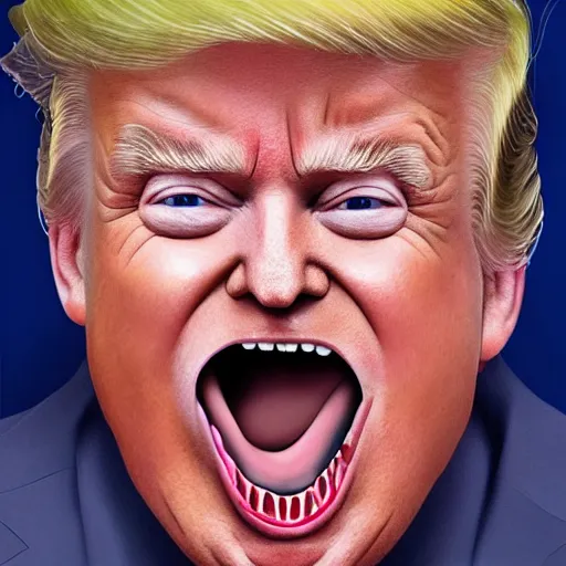 Prompt: Hyperrealistic portrait of sweaty Donald Trump with mouth wide open and spittle spraying, very detailed, 8k, portrait, oil painting