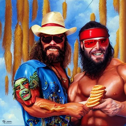 Image similar to portrait of wwf macho man randy savage and wcw sting sharing hotdogs, an oil painting by ross tran and thomas kincade