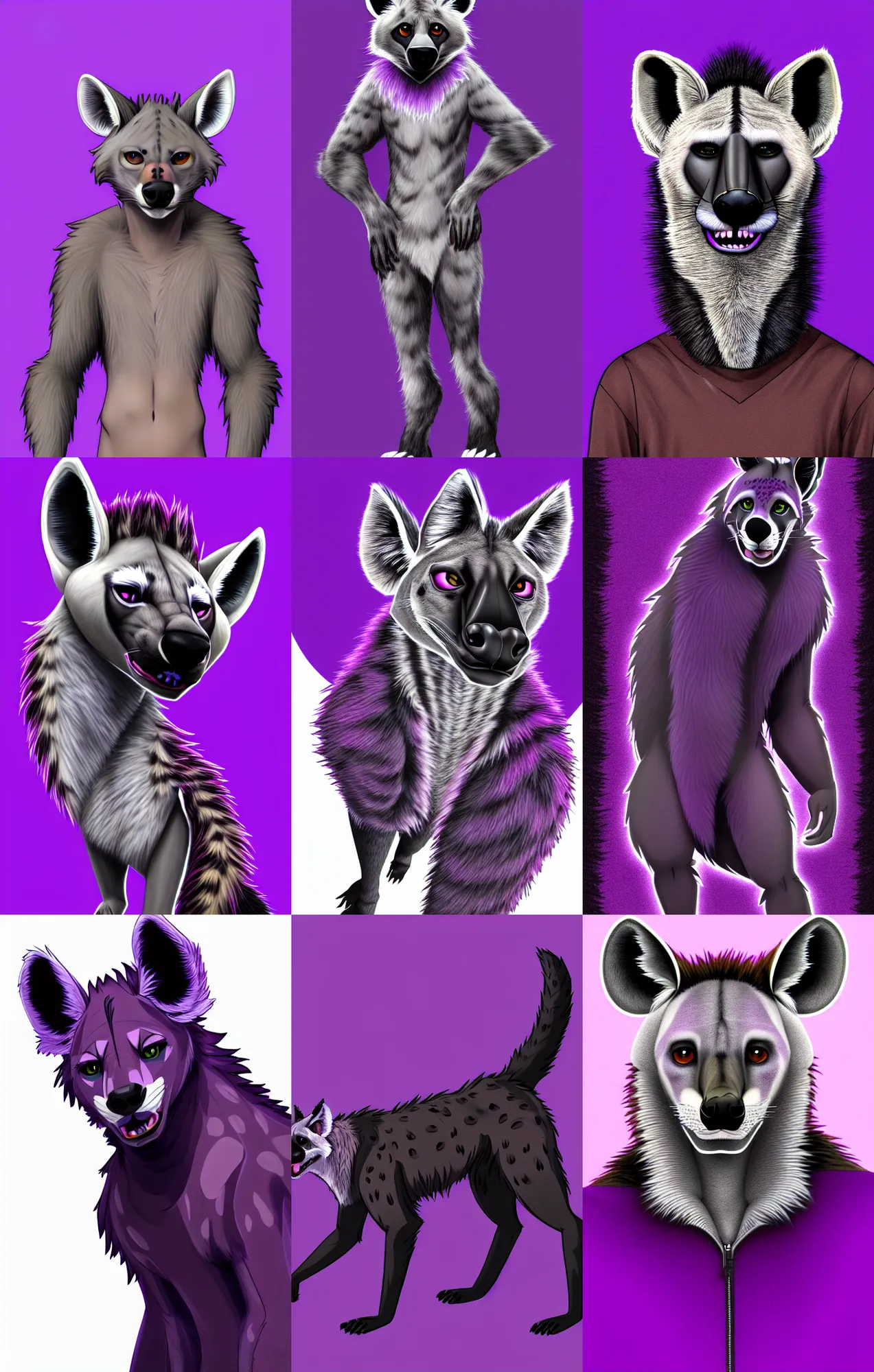 Prompt: a full - body centered front - perspective furry male fursona portrait, a male hyena fursona, purple and black fur color scheme, trending on weasyl, ultrahigh - resolution, photorealistic