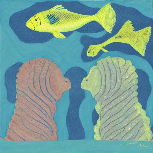 Prompt: two cods talking to eachother in deep sea, art by annie albers