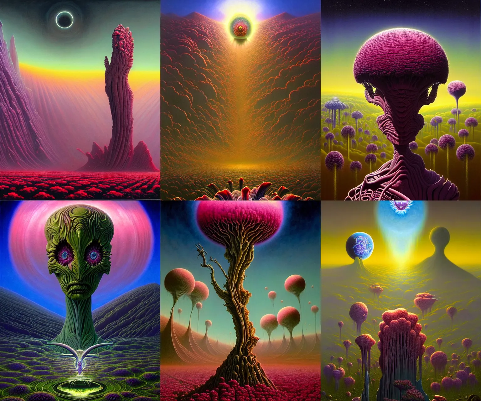 Prompt: a cinematic masterpiece still life painting of majestic gothic flowers in an alien landscape at midnight, by Alex Grey, by Wayne Barlowe, by Tim Hildebrandt, by Bruce Pennington, by Zdzisław Beksiński, by Paul Lehr, oil on canvas, masterpiece, trending on artstation, featured on pixiv, cinematic composition, beautiful lighting, sharp, details, details, details, hyper-detailed, no frames, HD, HDR, 4K, 8K