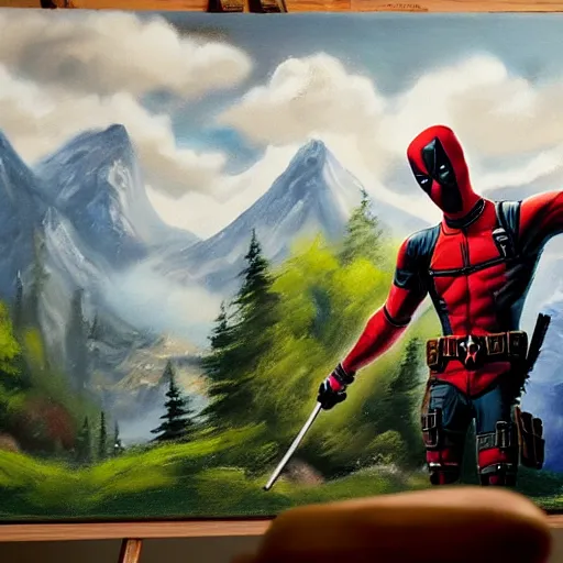 Image similar to a closeup photorealistic photograph of bob ross working on a canvas painting of deadpool. film still. brightly lit scene. mountains and trees. this 4 k hd image is trending on artstation, featured on behance, well - rendered, extra crisp, features intricate detail, epic composition and the style of unreal engine.