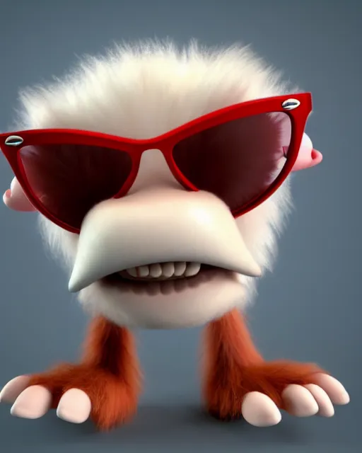 Prompt: 3 d render of completely red hairy friendly antropomorphic cartoony creature wearing white ray - ban shades, full body, simple, smile with no nose, no ears, cute, white background, unreal engine 5 hdr