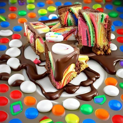 Image similar to a jello chocolate candy lollipop snickers bar icecream cake muffin jaffa marshmallow nougat waffle candy gummy jelly sandwich, volumetric lighting, octane render, unreal engine, 8k, hd, perfect, decadent, maple syrup, drizzled chocolate sauce, smothered in melted chocolate, covered in sprinkles, highly detailed, stroopwaffel