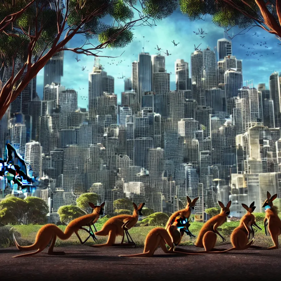 Image similar to sydney invaded by kangaroos in the future, hyperealistic very colourful hdr cinematic lighting cgi render photorealistic cinematic octane render