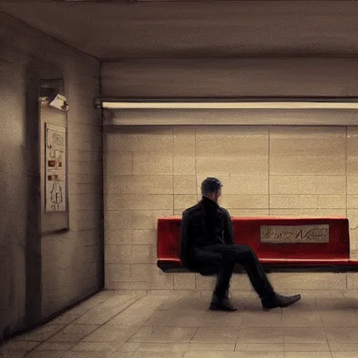 Prompt: a beautiful painting of a man sitting in a subway seat, rutkowski, concept art, cinematic lighting