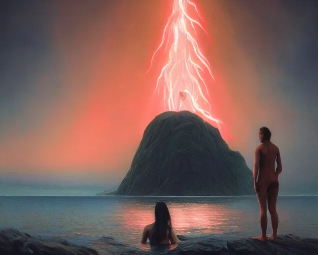 Image similar to iridescent, portrait, neon body, rocky lake shore, alien woman, a otherwordly huge monster is appraching from the horizon, glowing red, dynamic poses, by edgar maxence and ross tran, zdzisław beksinski, and michael whelan, distant, gustav dore, h. r. giger, 8 k, octane render