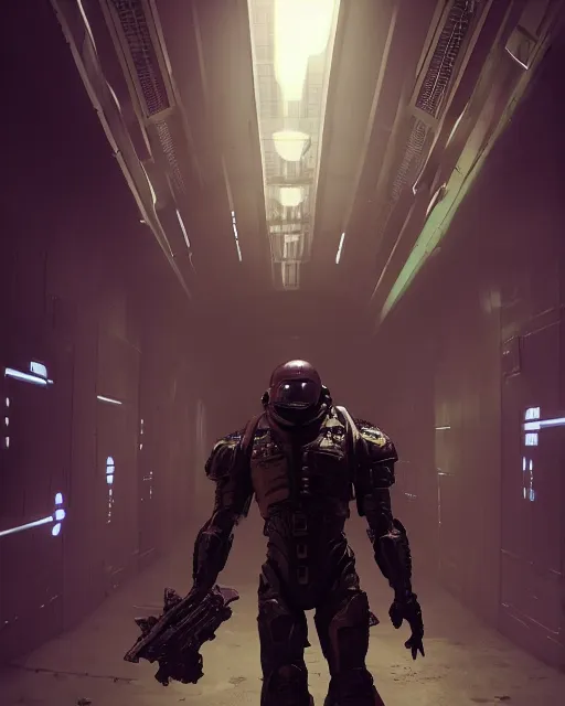 Image similar to Sci-Fi Lizard alien, armored, art by Kashin, Wadim, Martinière, Stephan, holding rifle, sharp focus, pitch black Spaceship hallway background, heroic pose, sci-fi horror artwork, octane render, dead space artwork, cyberpunk, horror, soft purple glow, warm light, arnold render, volumetric lighting, 8k high definition, highly detailed, trending on art Station, by Greg Rutkovski, magic the gathering artwork, centered, horror, sci-fi artwork