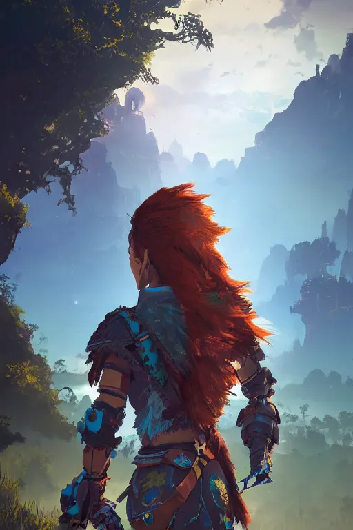 Image similar to combination suit armor aloy horizon forbidden west horizon zero dawn radiating a glowing aura global illumination ray tracing hdr fanart arstation by ian pesty and alena aenami artworks in 4 k tribal robot ninja mask helmet backpack