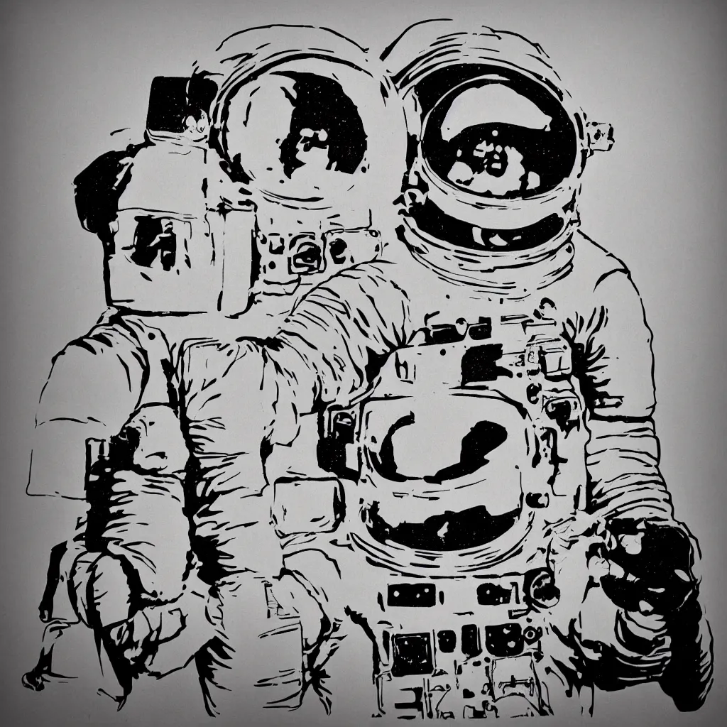 Image similar to individual furry astronaut silk screen portrait banksy style