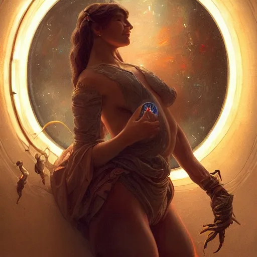 Prompt: a nineteenth - century woman with an uncovered breast holding a scorpion in his hand, inside a spaceship with the earth rom the porthole, highly detailed, concept art, art by wlop and artgerm and greg rutkowski, masterpiece, trending on artstation, 8 k