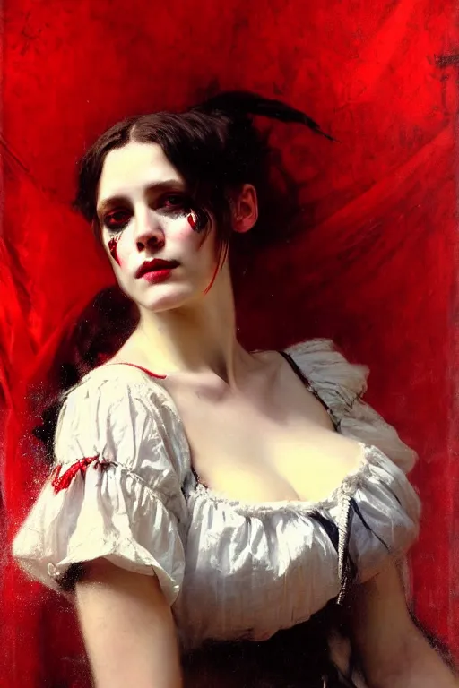 Prompt: solomon joseph solomon and richard schmid and jeremy lipking victorian genre painting full length portrait painting of a young beautiful woman traditional punk rock german french actress model pirate wench in fantasy costume, red background