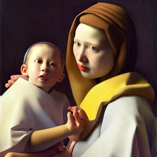 Image similar to pure love is patient love is kind, mother and child ; photorealistic oil painting by johannes vermeer ; highly detailed cute faces by wlop ; trending on artstation ; 8 k high resolution, symmetrical, cinematic, high coherence, golden ratio, rule of thirds, perfectly centered ; anatomically correct faces