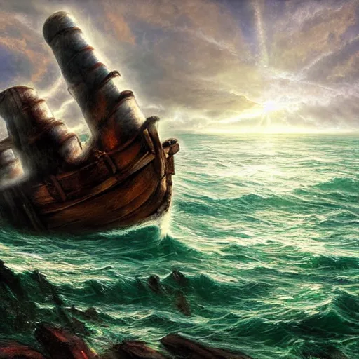 Image similar to wooden shipwreck of old pirate ship on rocks at sea, dramatic lighting, sun beams, god rays illuminating wreck, dark background, gloomy green sea, fantasy art, painting, concept art, oil painting, brushstrokes