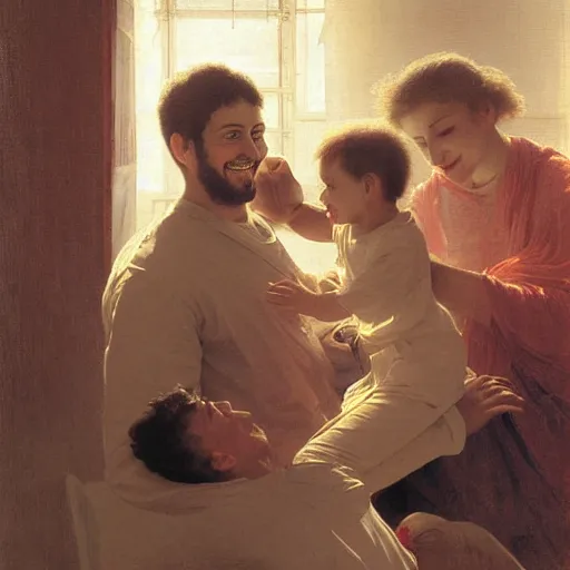 Prompt: a male patient at home with his wife and son standing by. happy, cheerful, smiling, intricate, face enhance, sharp focus, cinematic lighting, featured in artistation, 8 k, art by greg rutkowski, william adolphe bouguereau