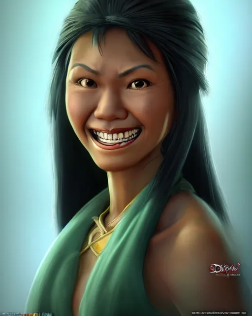 Image similar to smiling heavy filipina woman character portrait, by don bluth, sci - fi environment, highly detailed, dynamic shadows, 4 k, wallpaper - 1 0 2 4