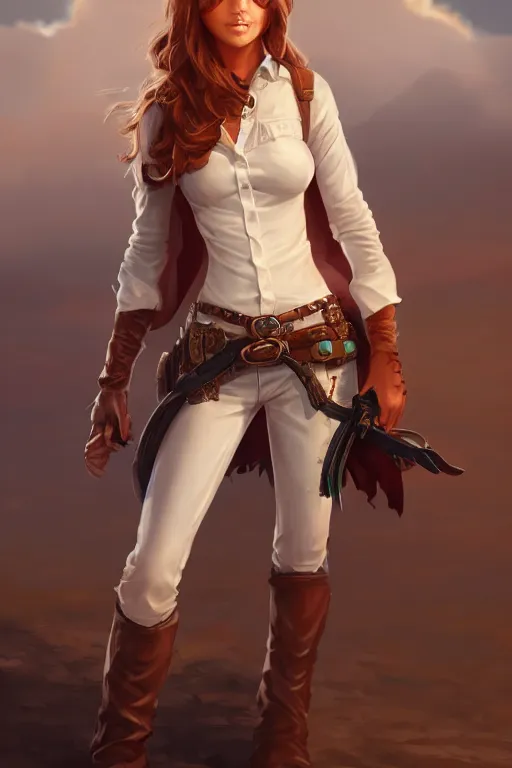 Image similar to full body, female cowgirl, perfect face, white blouse, holster, 8 k, magic the gathering, desert, d & d, artstation, high detail, smooth, sweaty