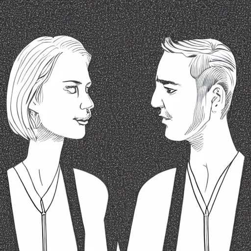 Prompt: perfectly centered symmetrical split male and female portrait of man and woman in love sharing one heart. illustration, highly detailed, simple, no jagged lines, smooth, artstation, artwork by chip zdarsky